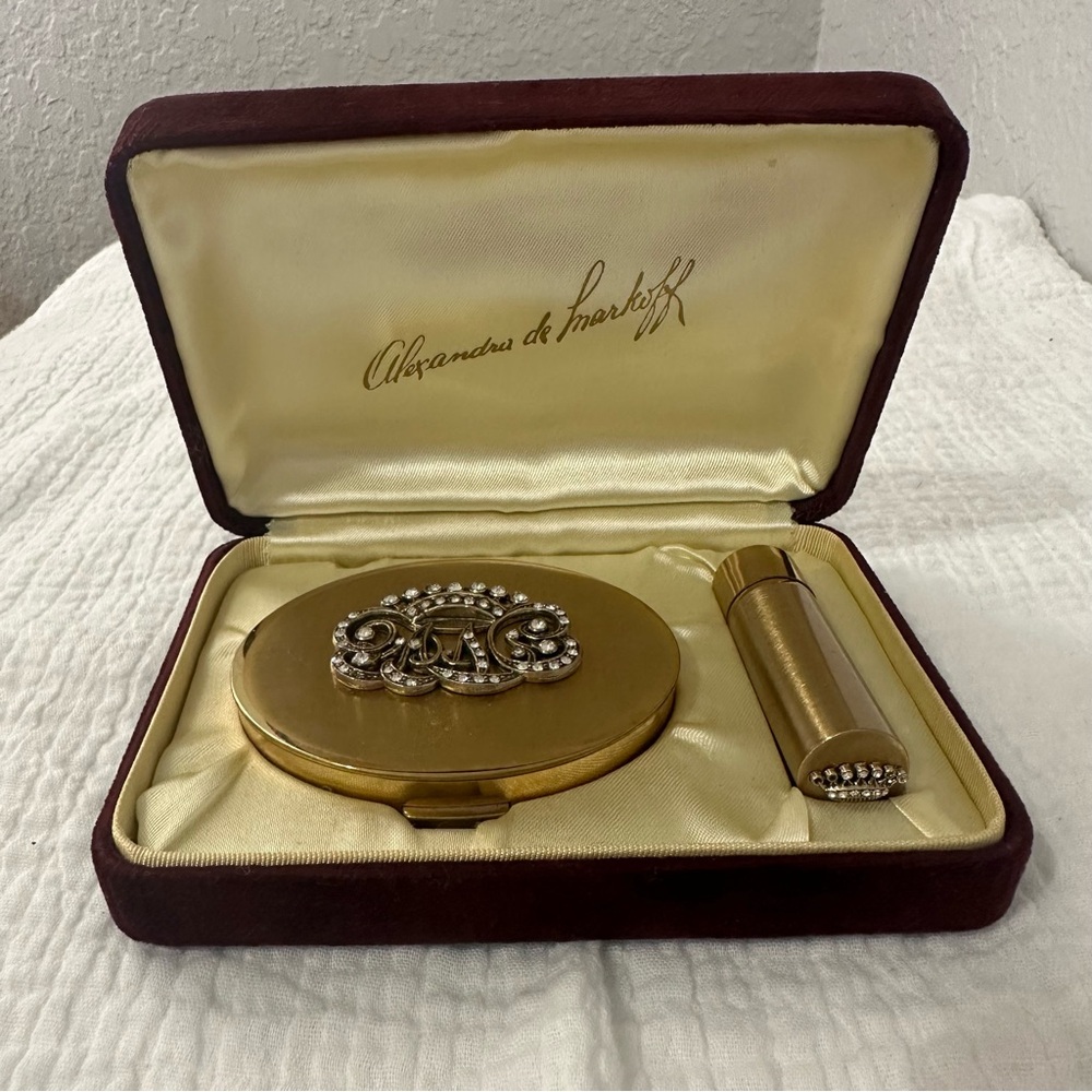 Vintage Alexandra De Markoff Rhinestone Mirrored Compact and Lipstick Holder
